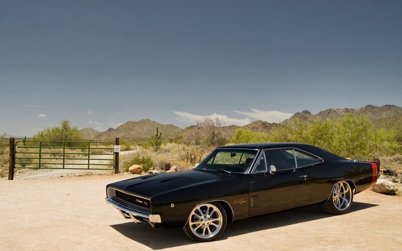 Black Muscle Car — Serene, Afternoon, Photograph, Desert, Mountains