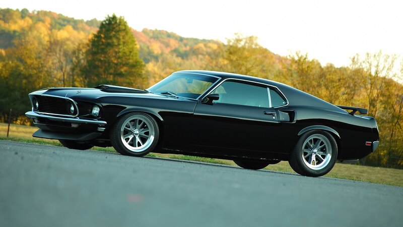Black Muscle Car — Serene, Autumn, Photograph, Trees, Road