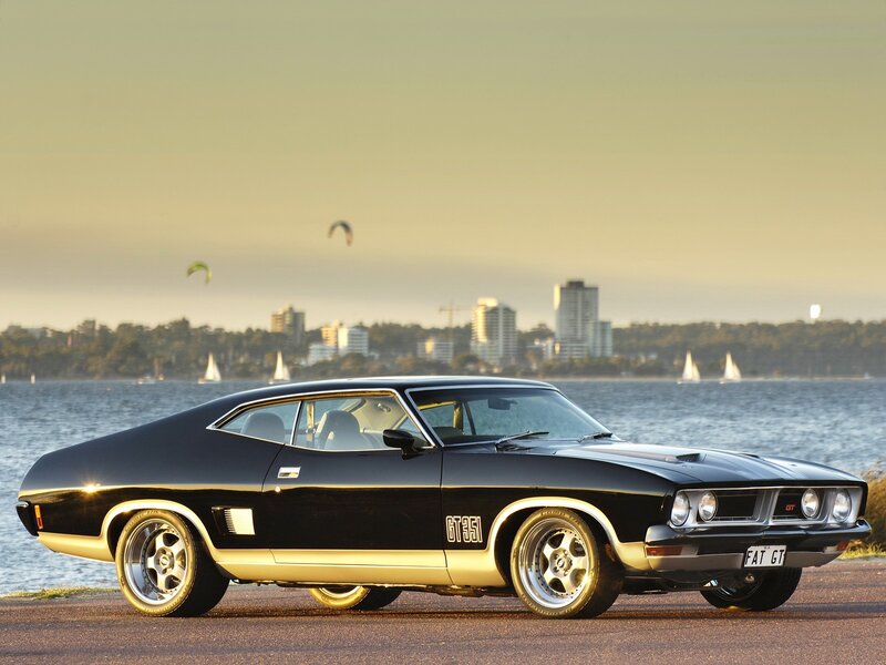 Black Muscle Car — Serene, Sunset, Photograph, City Skyline