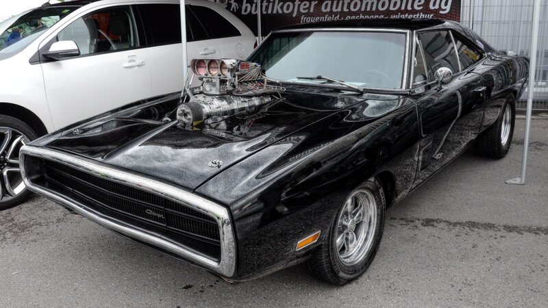 Black Muscle Car — Showcase, Photograph, Car Show, White Suv