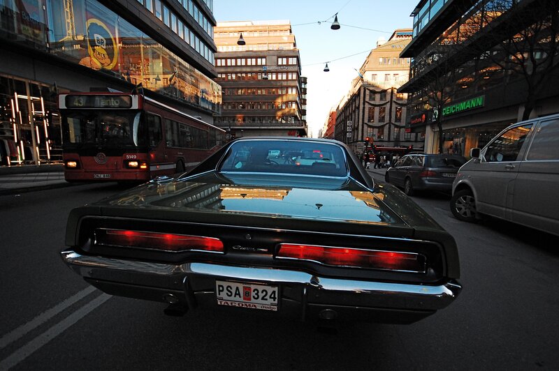 Black Muscle Car — Urban, Sunset
