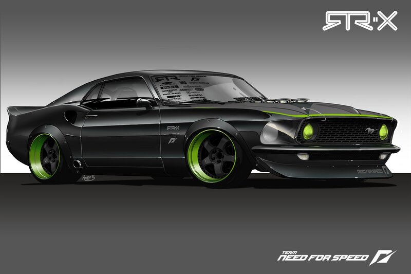 Black muscle car with green accents