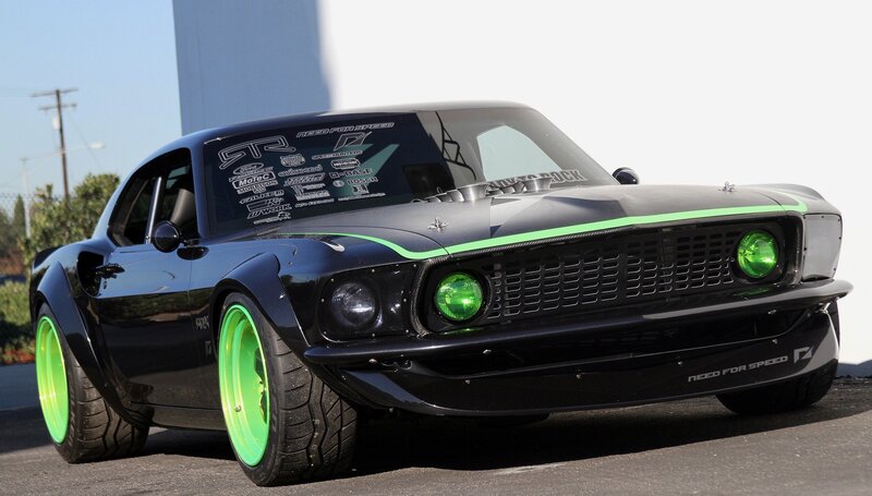 black muscle car with green accents