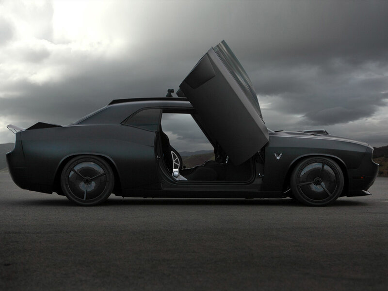 Black muscle car with gull-wing door