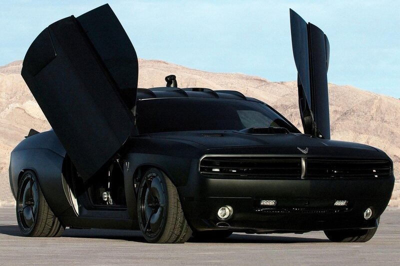 Black muscle car with gull-wing doors