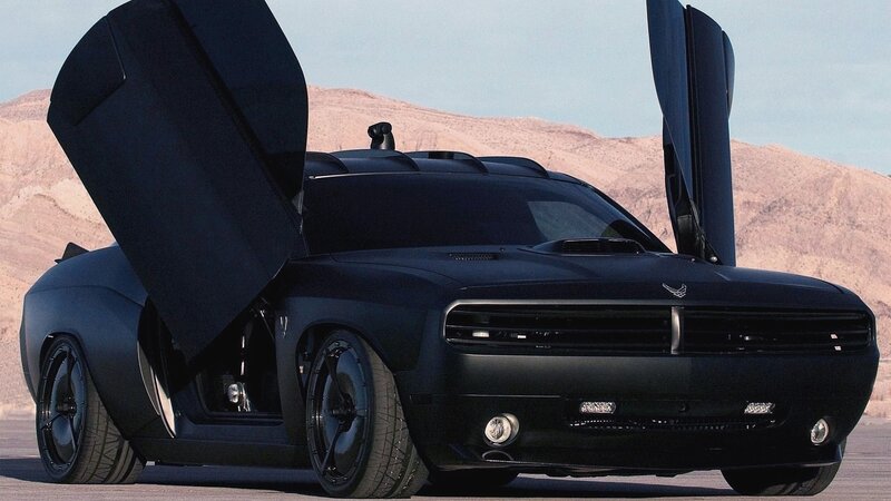 black muscle car with gull-wing doors