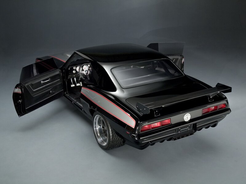 black muscle car with open door
