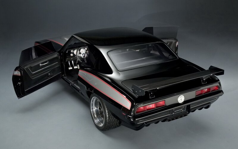 black muscle car with open door