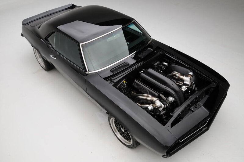 black muscle car with open hood