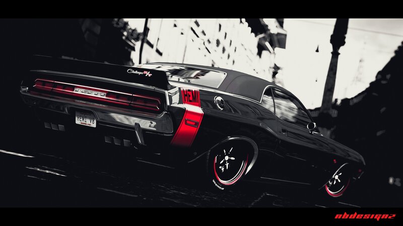 Black muscle car with red accents