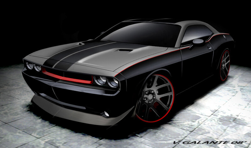 black muscle car with red accents