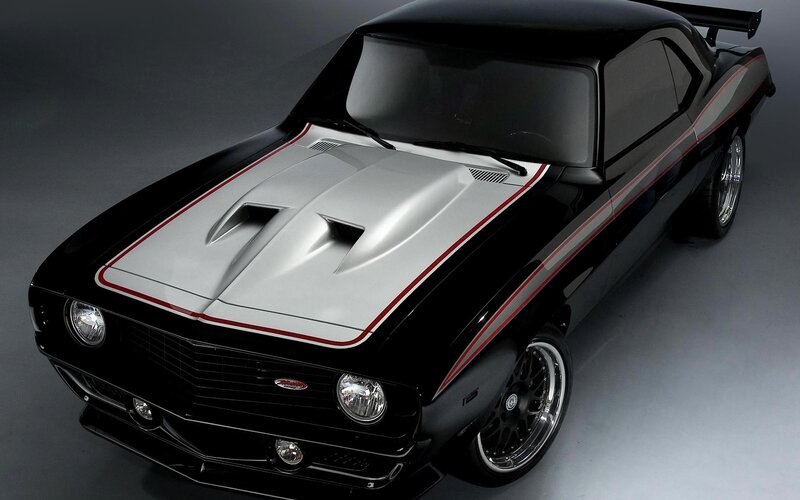 black muscle car with silver hood