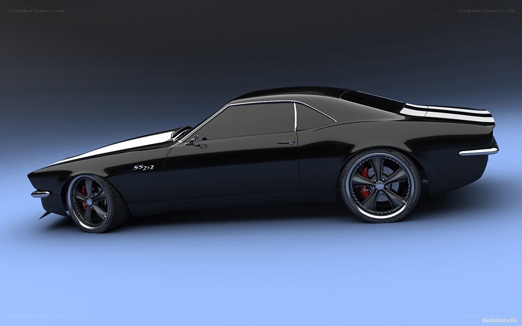 black muscle car with stripes