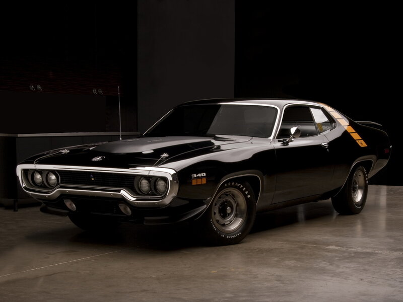 Black muscle car with stripes