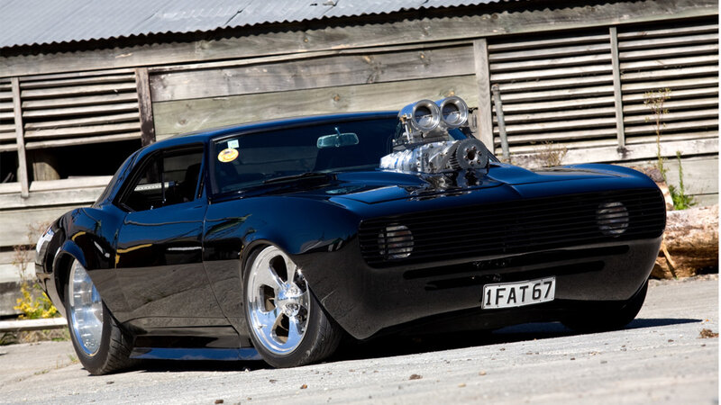 black muscle car with supercharger