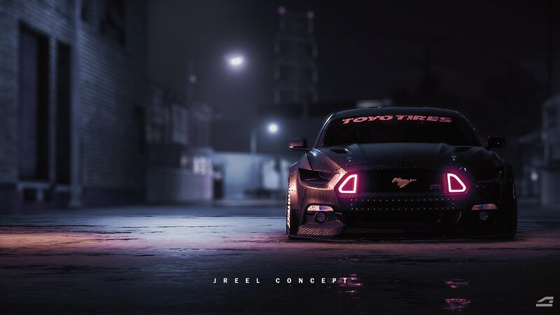 Black Mustang Car — Dramatic, Night, Digital Art