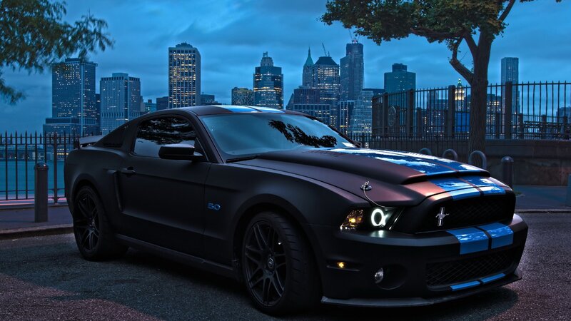 Black Mustang Car — Dramatic, Night, Photograph, City Skyline