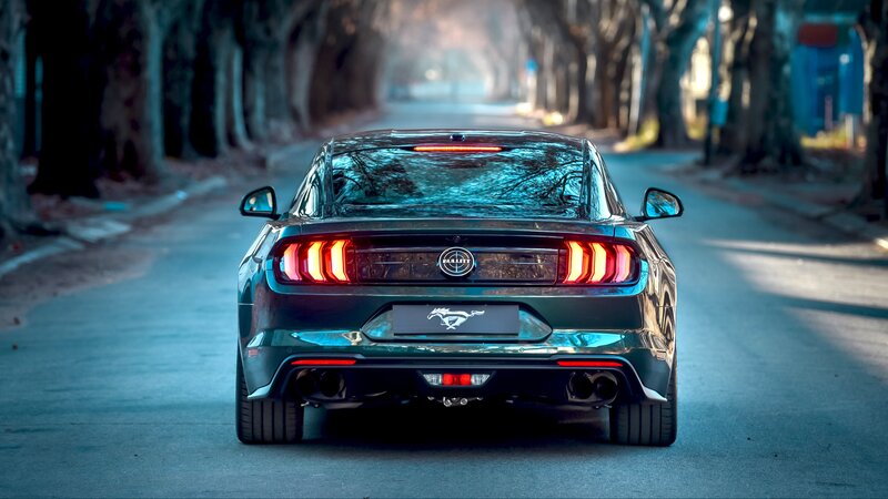 Black Mustang Car — Dramatic, Sunset, Photograph, Road