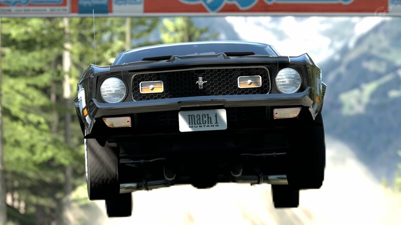 Black Mustang Mach 1 in mid-air