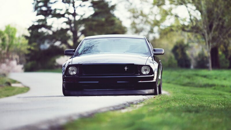 black mustang on a country road