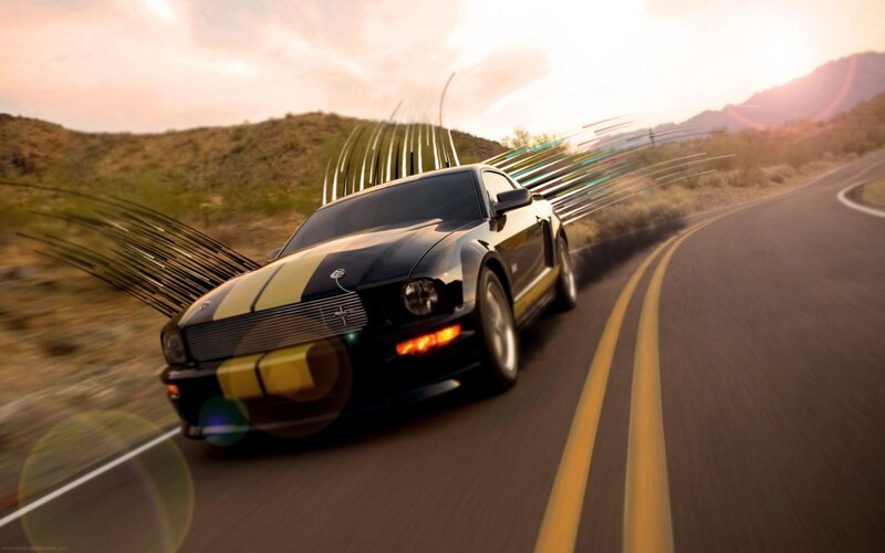 black mustang on desert road