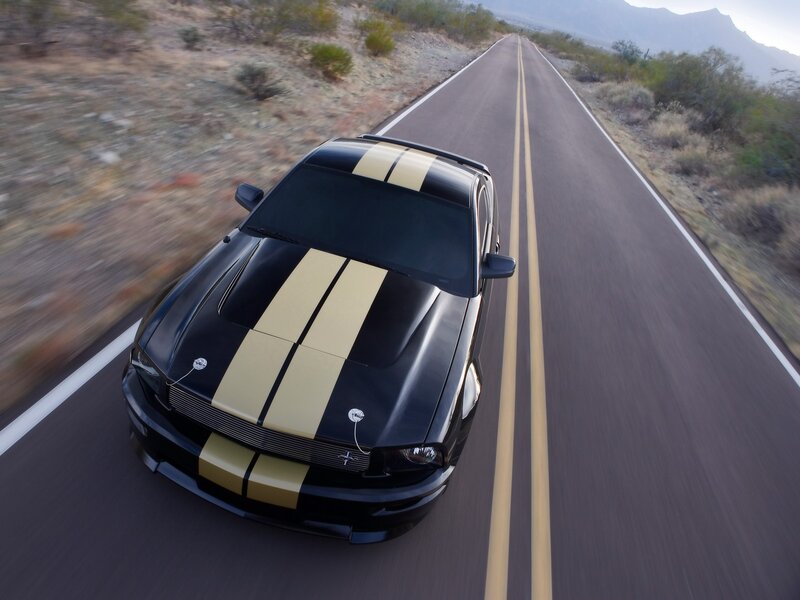 black mustang on desert road