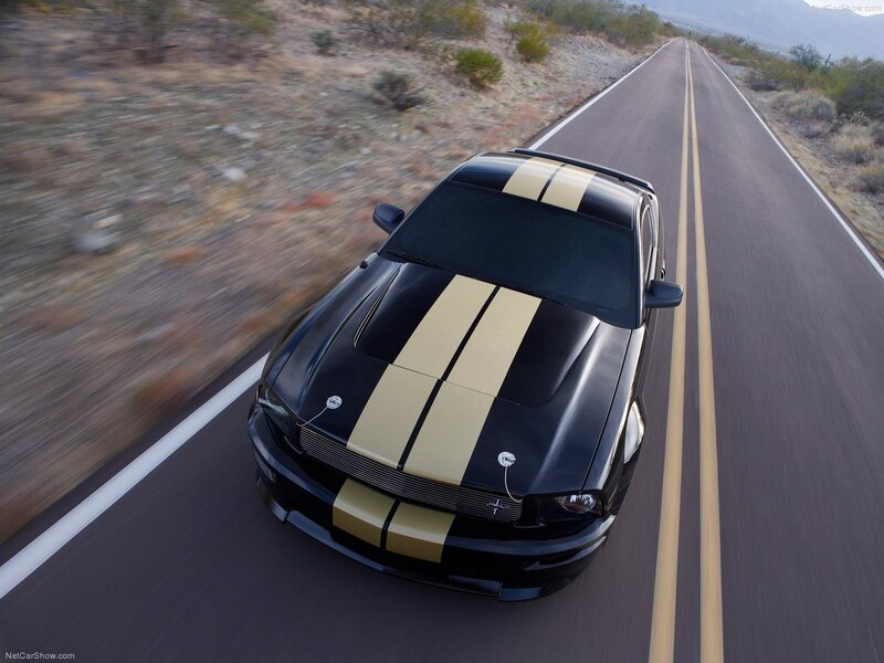 black mustang on desert road