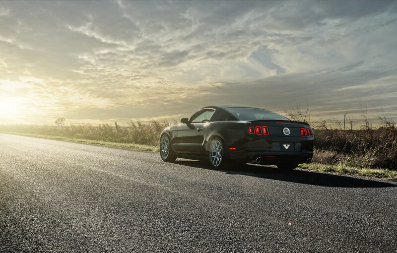 Black Mustang on Road — Dramatic, Sunset, Photograph