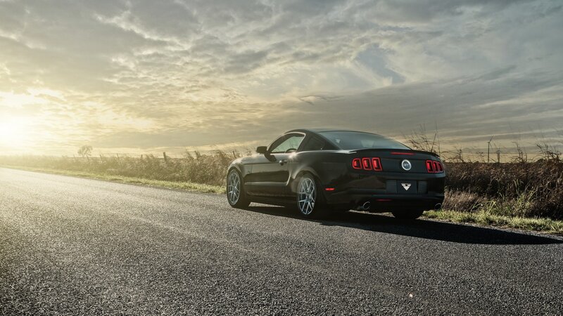 Black Mustang on Road — Dramatic, Sunset