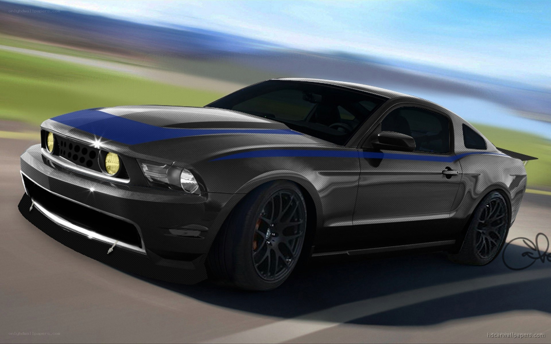 black mustang with blue stripes