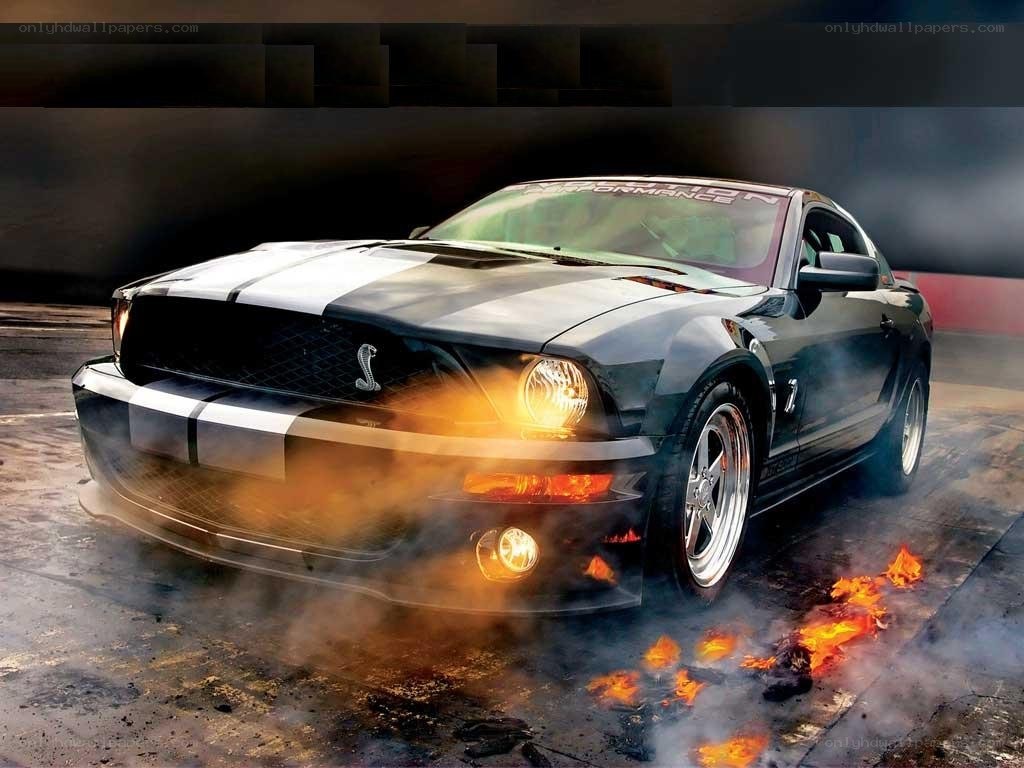 black mustang with flames