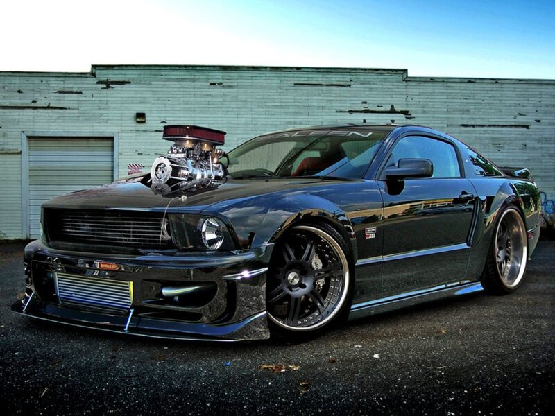 black mustang with supercharged engine
