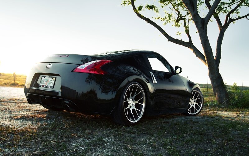Black Nissan 370Z by a tree