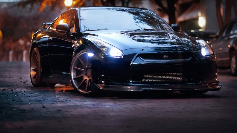 black nissan gt-r at night