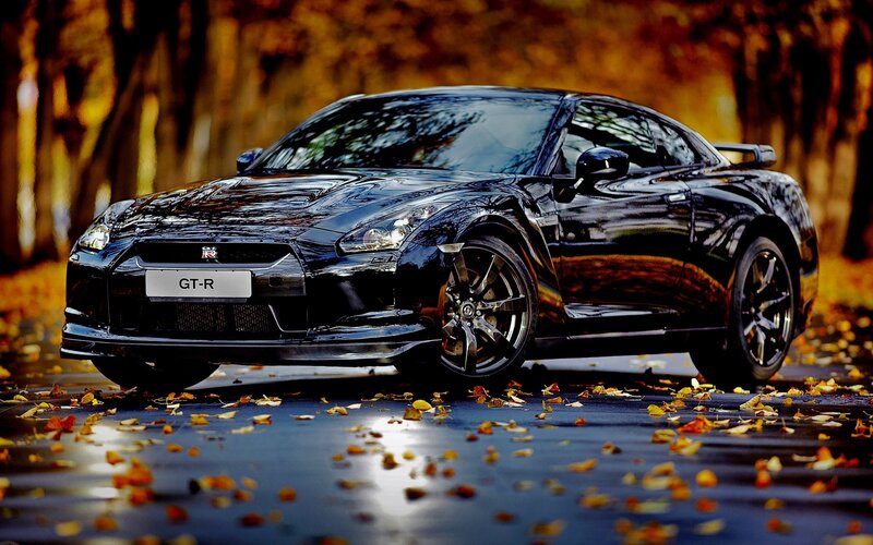 Black Nissan GT-R in autumn