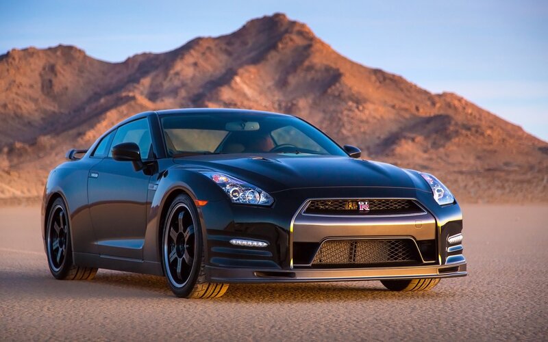 Black Nissan GT-R in desert