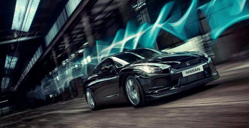 Black Nissan GT-R in motion