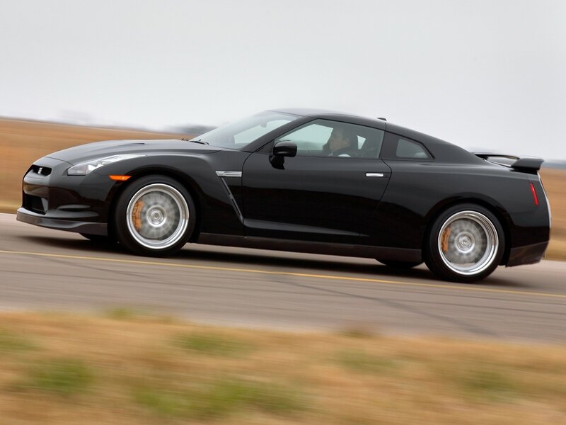 Black Nissan GT-R in motion