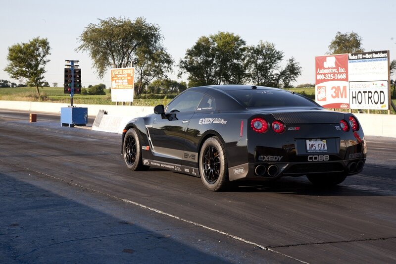 Black Nissan GT-R on a drag strip