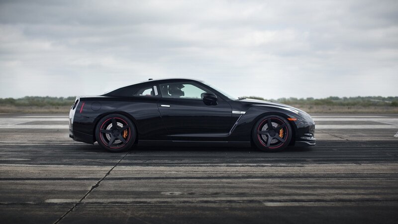 Black Nissan GT-R on a runway