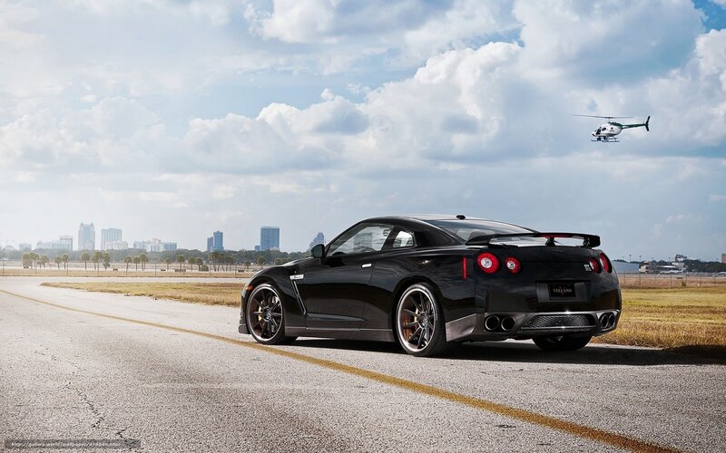 Black Nissan GT-R on runway