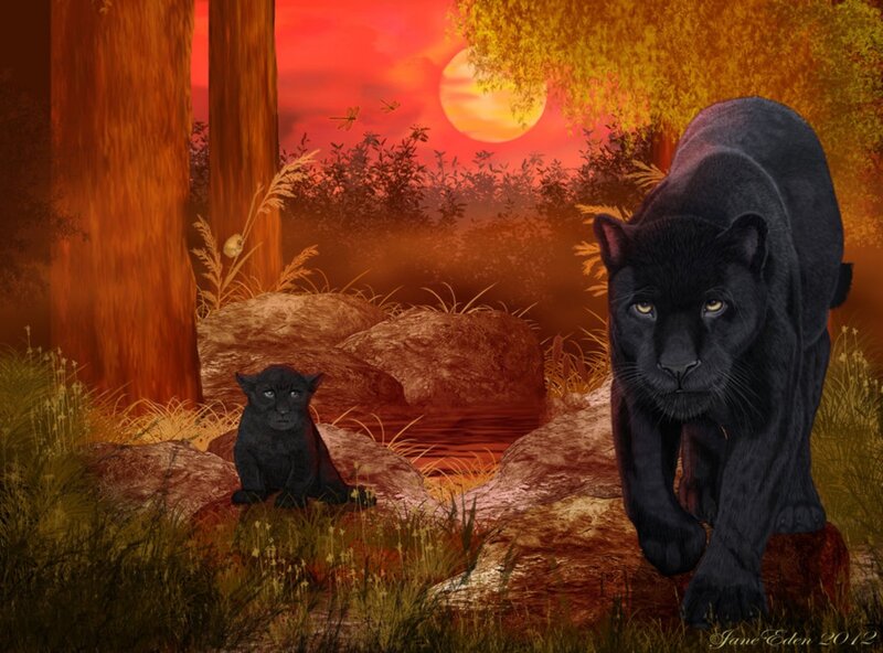 Black Panther and Cub — Red, Dramatic