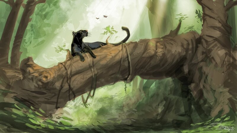 Black Panther on Log — Green, Serene, Morning