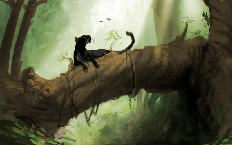 Black Panther on Log — Green, Serene