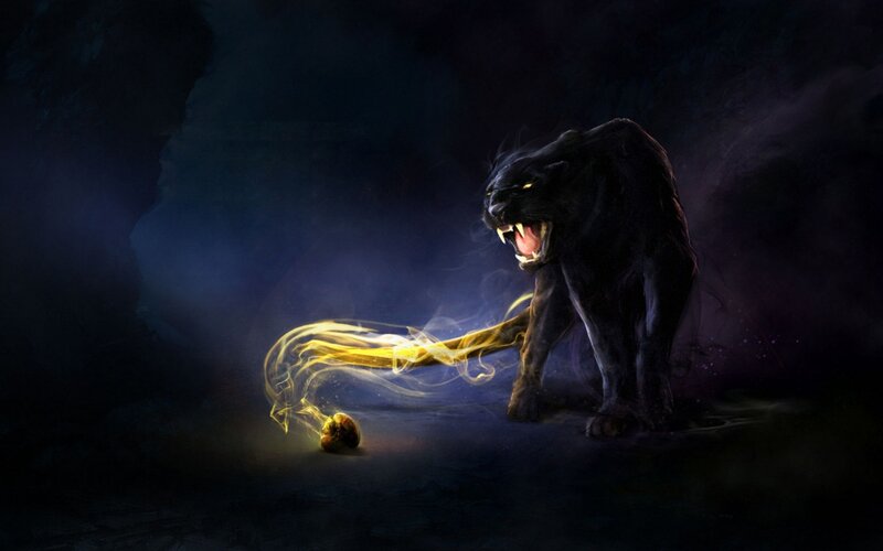Black Panther Roaring — Dramatic, Night, Digital Art, Glowing Orb