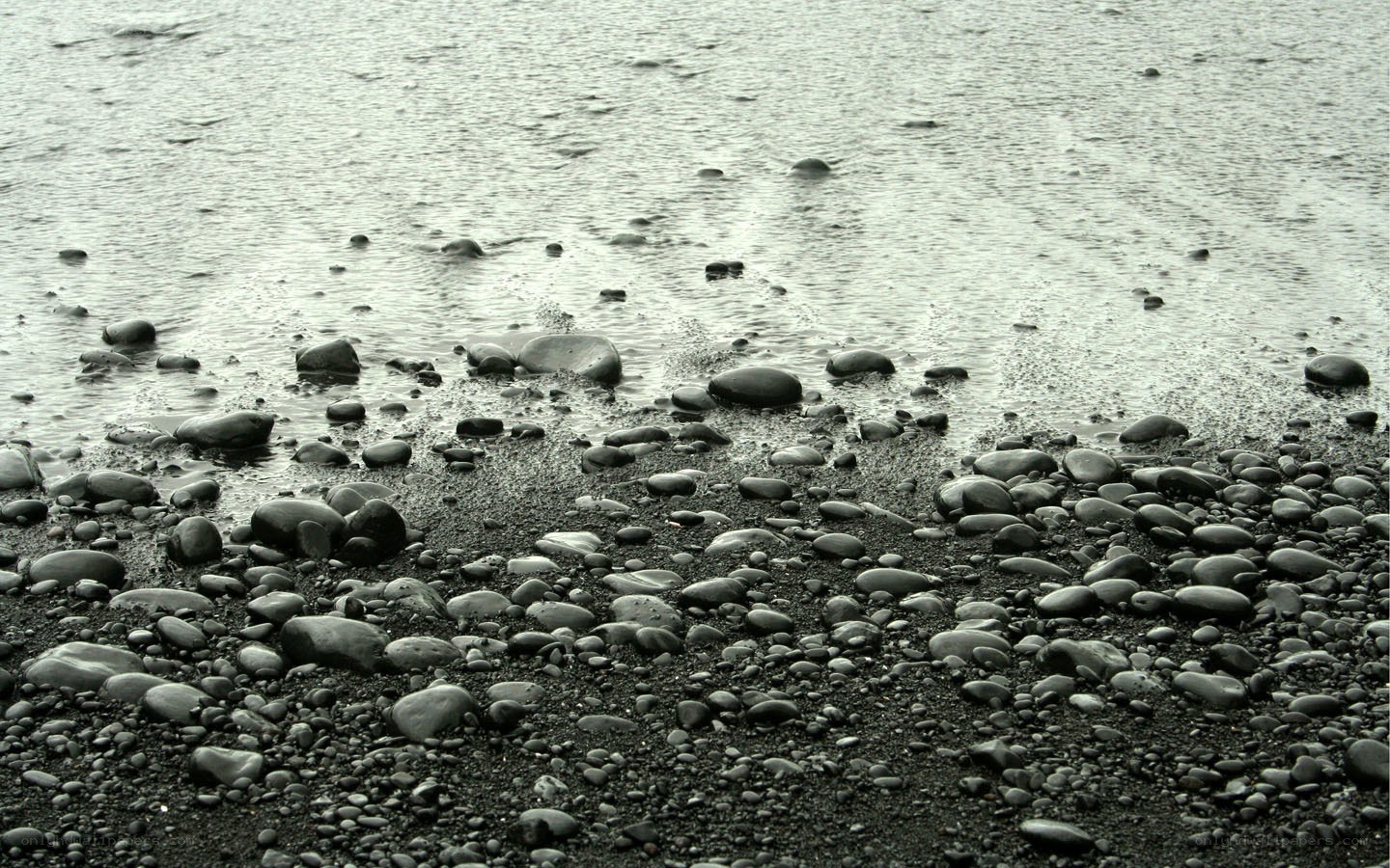black pebble beach at low tide