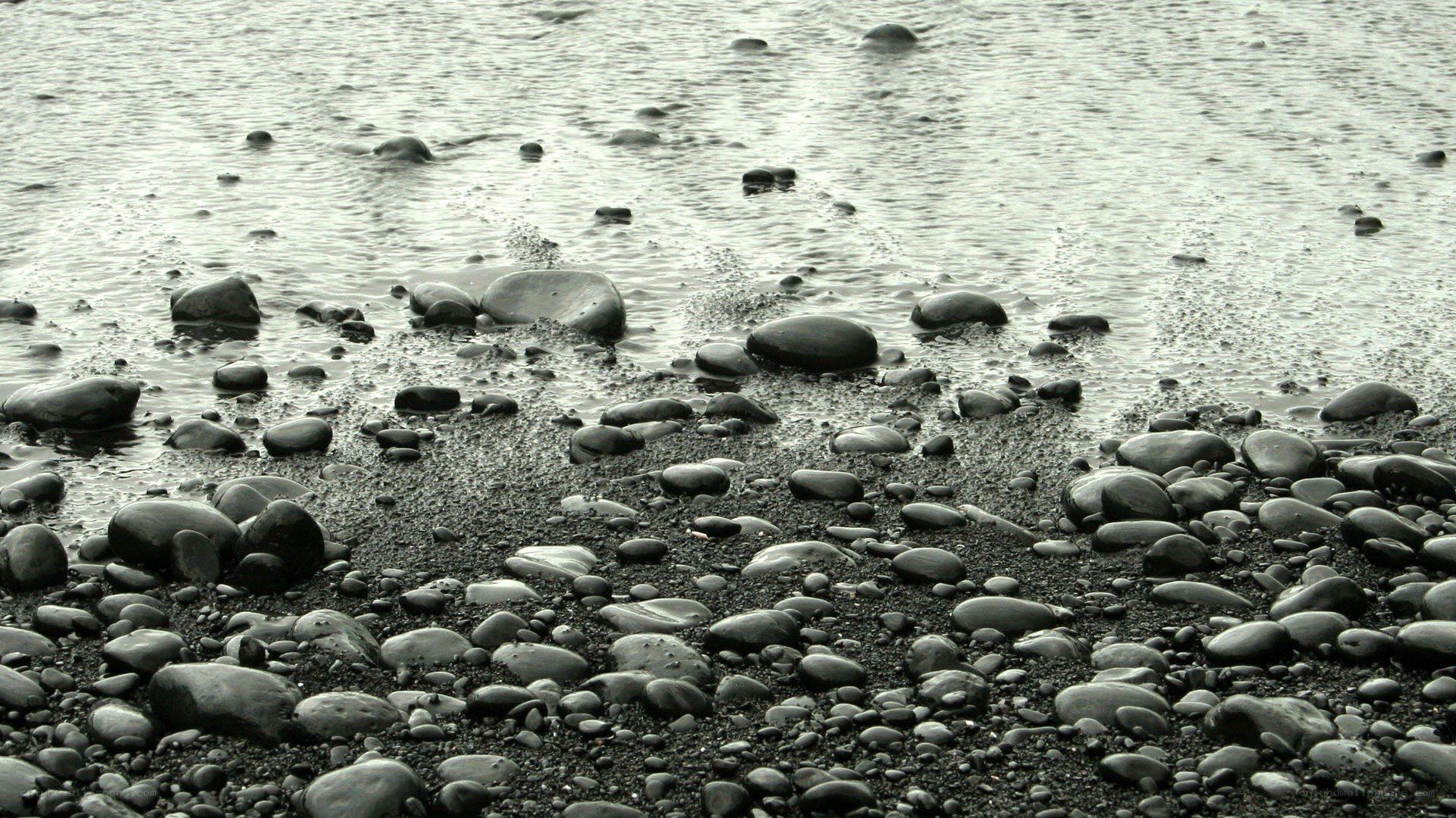 black pebbles on wet beach