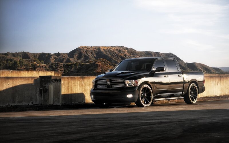 Black Pickup Truck — Dramatic, Afternoon, Photograph, Mountains, Concrete Barrier