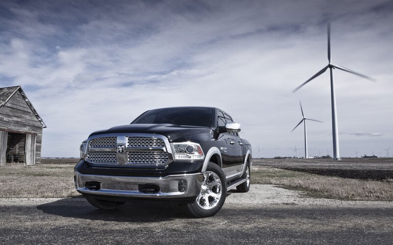 Black Pickup Truck — Dramatic, Afternoon, Photograph, Wind Turbines, Barn, Field