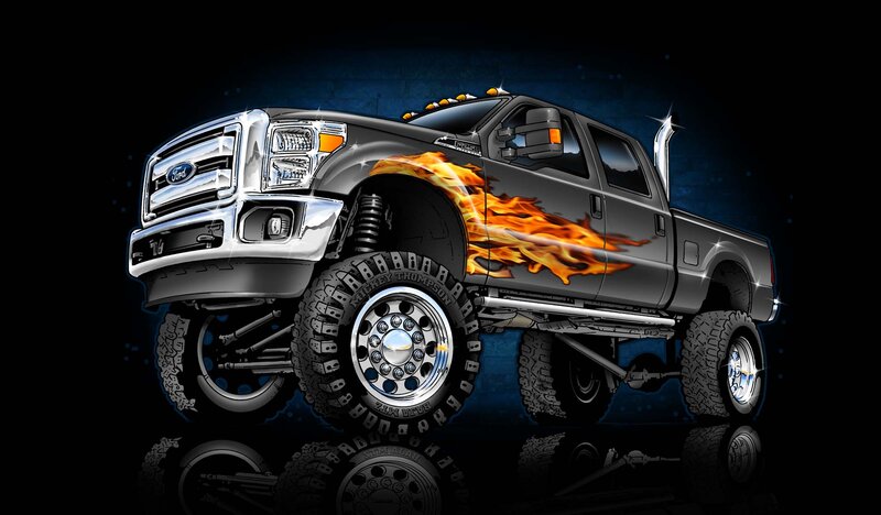 Black Pickup Truck — Dramatic, Night, Digital Art, Flames